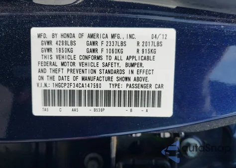 2012 Honda Accord 2.4 Lx from USA, damaged, VIN 1HGCP2F34CA147590